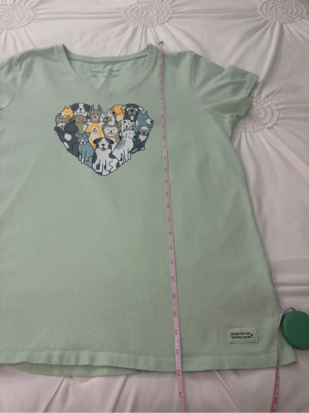 Life Is Good Mint Green V-Neck Tee with Heart Puppy Graphic - Picture 12 of 15